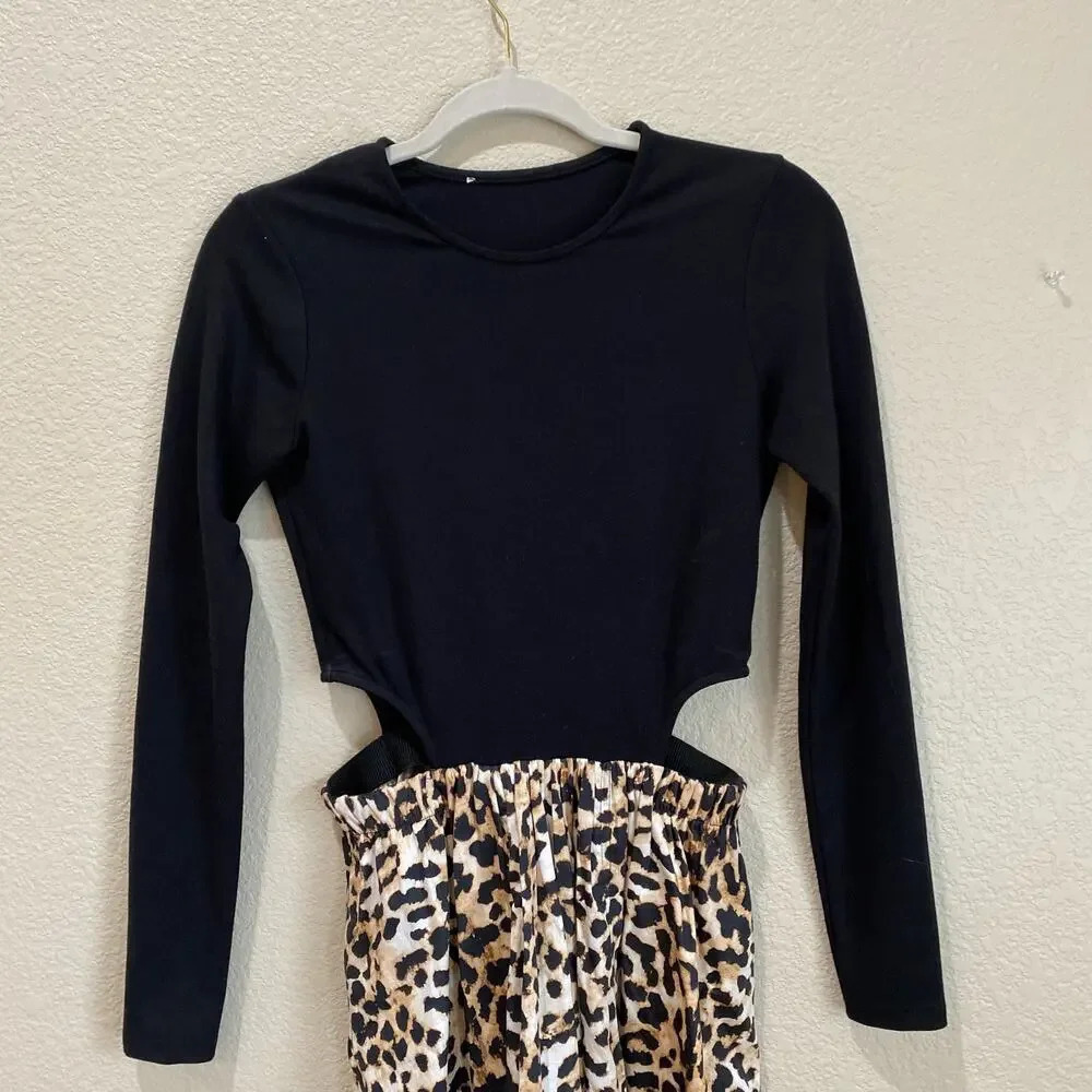 SOMETHING NAVY Tara Long Sleeve Cut Out Leopard Print Maxi Dress Black/Brown S - Picture 4 of 8